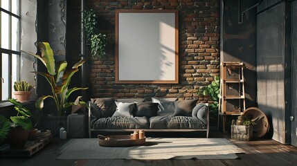 cozy vintage hipster loft interior with poster mockup photorealistic 3d rendering