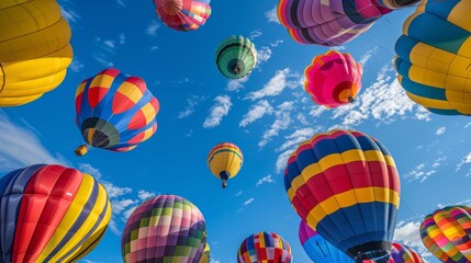 Fototapeta premium Majestic display of multi-colored balloons, a brilliant blue sky overhead, paradise essence, viewed from below