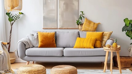 Modern boho interior of living room at cozy apartment with gray sofa honey yellow pillows and plaid...