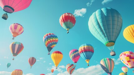 Fototapeta premium Majestic balloons in a spectrum of colors soaring in a clear blue sky, paradise essence, viewed from below