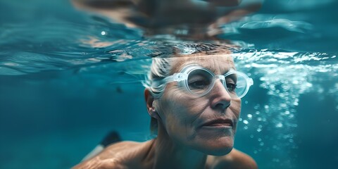 Embracing Active Retirement: Elderly Woman Swimming in the Ocean to Stay Healthy. Concept Health and Wellness, Senior Fitness, Active Lifestyle, Beach Activities, Healthy Aging