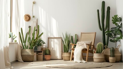 Creative composition of elegant and boho living room with wooden armchair a lot of plants cacti books baskets mock up photo frames carpet and personal accessories Cozy home decor Templ : Generative AI