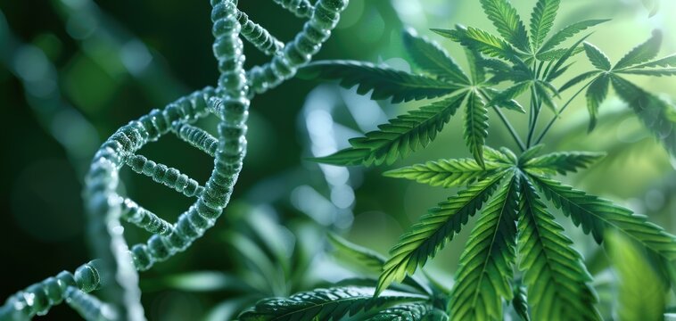 Cannabis leaf intertwined with a DNA strand Genetic research and tailored medicine
