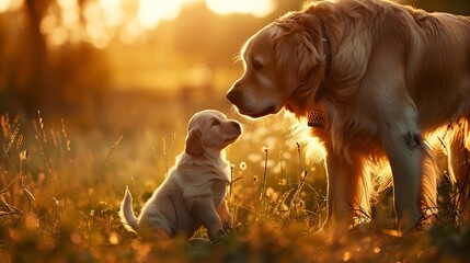 adult dog golden retriever with a puppy for a walk in the summer in the park Dog playing with a newborn puppy at sunset : Generative AI