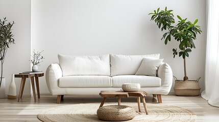 Modern minimalist living room: white fabric sofa, minimalist wooden coffee table, few sleek decor pieces