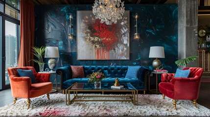 Modern living room, retro glam: Velvet furniture, glass brass coffee table, shag rug, statement chandelier, bold wallpaper and decor
