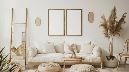Boho and cozy interior of living room with design beige sofa pillows mock up poster frames rattan...