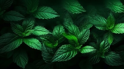 mint leaves from top view in dark background.
