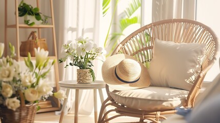 Aesthetic bright sunny elegant home living room interior design with comfortable lounge rattan chair hat side table flowers bouquet shelf with decorations Scandinavian interior design : Generative AI