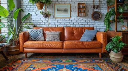 Modern living room, vintage boho: patterned rug,  brown leather sofa, variety of boho pillows, potted plants