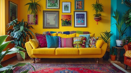 Modern living room, colorful boho: Boldly colored walls, patterned furniture, vibrant rug, colorful throw pillows, art pieces, plants