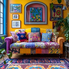 Colorful boho modern living room: Boldly colored walls, mix of patterned furniture, vibrant rug, assortment of colorful throw pillows