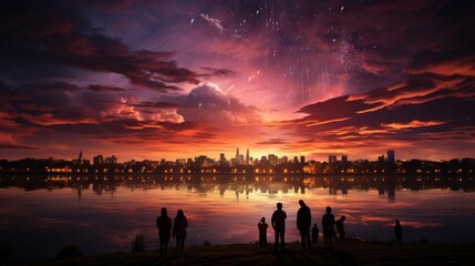 Group of people sitting on the shore of the lake and looking at sunset