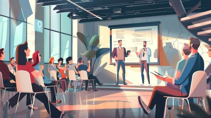 Illustration,  a startup pitch event with entrepreneurs presenting to investors