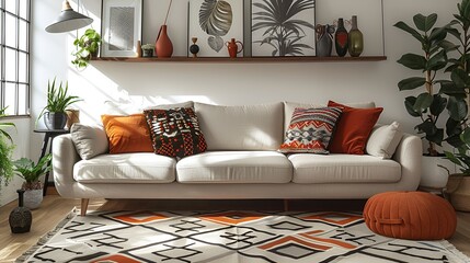 Modern boho style living room: neutral sofa with patterned pillows, geometric rug, minimalist shelving, plants, decor items