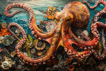 Obraz premium A close-up of a painting of an octopus. The octopus is brown with lighter speckles and darker spots. It has eight long tentacles that are spread out in front of it. Some of the tentacles 