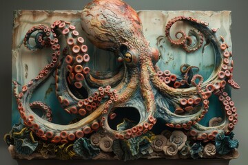 A close-up of a colorful painting of an octopus. The octopus is primarily teal with splotches of orange, yellow, and brown. It has eight long tentacles that wind around the canvas. 