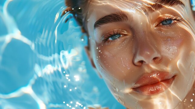 Skin hydration Young beautiful  female model with make up and perfect skin swimming in the transparent sear or pool Natural skin care concept : Generative AI