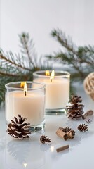 scented candles on a pure white background, composition on the right, geometric decoration, clear reflections, forest elements