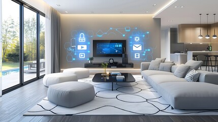 Modern living room, compact smart home: Space-saving furniture, smart TV, multifunctional smart devices