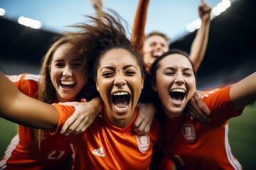 a group of female soccer players celebrating a goal on the soccer field. close view