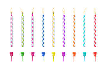 3d realistic colorful candles for birthday cake. Holiday candles with burning flames candlelight on wicks, celebration objects. Vector