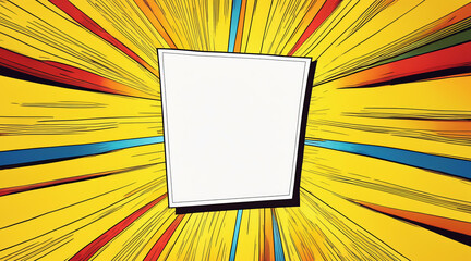 A blank empty white box of a comic page, surrounded by dynamic, vibrant, and multicolored rays radiating outward over a bright yellow background.

