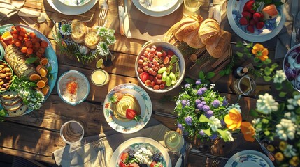 Farmtotable vegan brunch spread, topdown view, bright morning light, colorful plates, fresh ingredients, outdoor setting