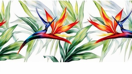 seamless pattern, Bird of Paradise, Watercolor, white background