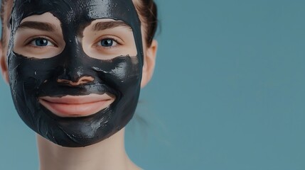 Happy smiling girl applying facial charcoal mask portrait  Young woman having skin care cleanser spa day  Healthy beauty clean treatment and cosmetology products concept  Aquamarine ba : Generative AI