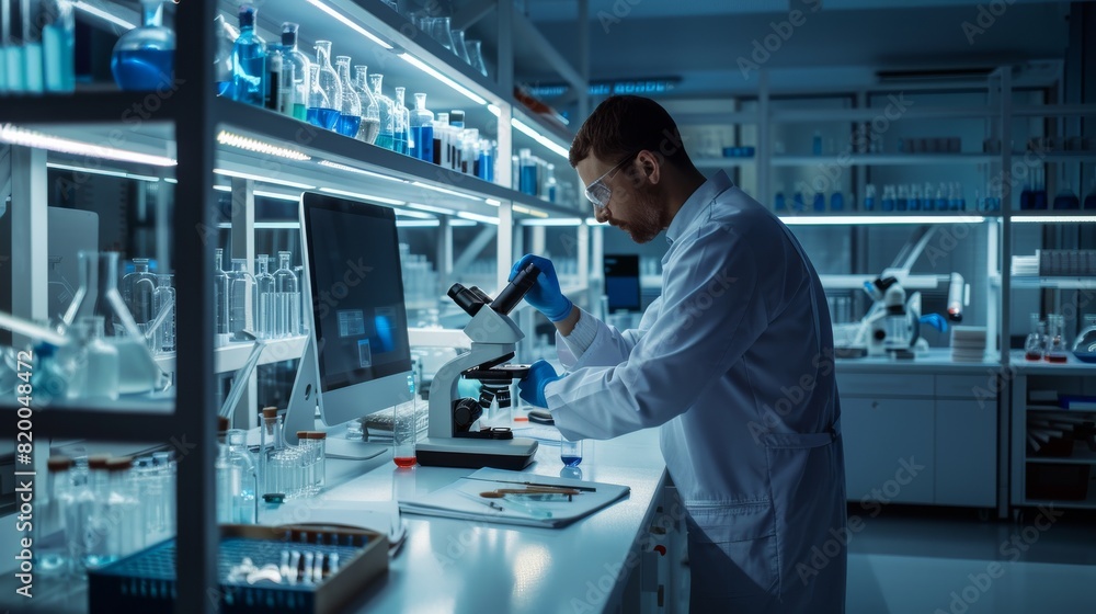 Poster A scientist is conducting sophisticated research using a microscope in a hightech laboratory, focusing on analysis and discovery with modern equipment and precise experimentation