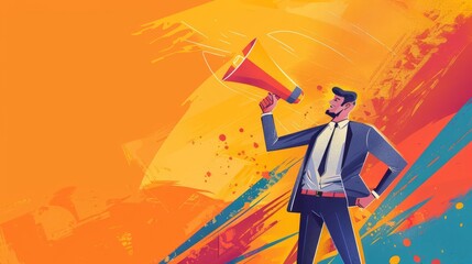 dynamic businessman passionately advocating with megaphone concept illustration