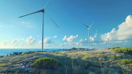 Obraz premium Wind turbines in a coastal landscape, clear blue skies, panoramic view, midday
