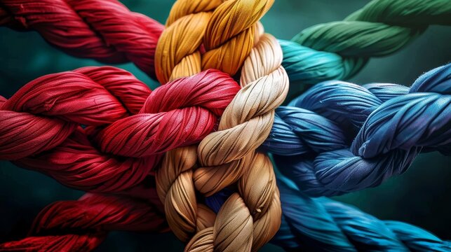 Diverse team participating in a rope challenge, selective focus on rope as a symbol of connection, theme of unity and teamwork, ethereal, Manipulation, motivational seminar backdrop