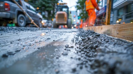 Freshly poured concrete sidewalk, close-up showing fine details and texture, with city construction equipment around
