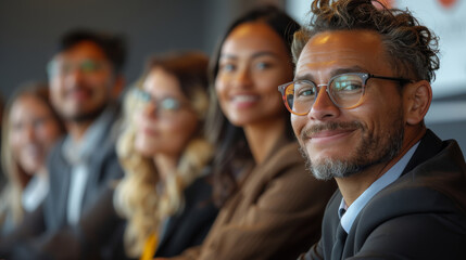 Obraz premium Portrait of smiling multiethnic business people looking at camera in office
