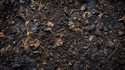 Close-up overhead shot of moist peaty soil, showing the intricate details of decomposed vegetation and organic content, perfect for backgrounds emphasizing fertility and natural growth