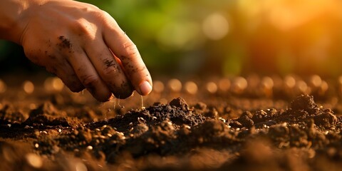 Planting Seeds in Rich Soil at Sunset. Concept Gardening, Sunset, Planting Seeds, Nature, Growing