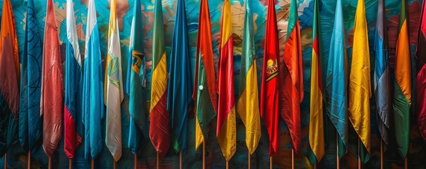 Collection of vibrant flags displayed on a wall