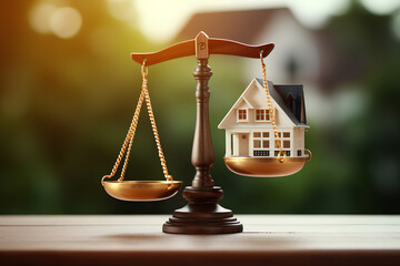 Home and money bag put on the scales with balance put on the wood in the public park, Saving for buy a new house or real estate and loan for plan business investment in the future concept