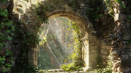 Fototapeta premium Midshot of a stone archway, ancient and weathered, with vines climbing, dappled sunlight adding depth to the texture