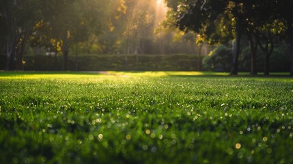  An early morning in a summer park, where the light of the rising sun filters through a canopy of lush trees, casting dappled shadows on the path.