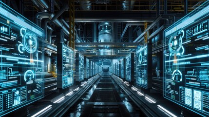 Naklejka premium safety protocols displayed on digital screens throughout a chemical plant