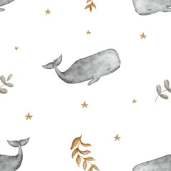 Pattern sperm whale, cachalot among stars and algae branches in watercolor style. Illustration for children textiles, fabrics, packaging, cards, posters