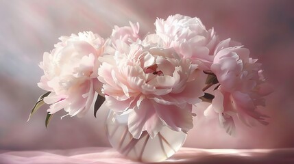 Peony petals in a vase, soft indoor lighting, closeup, rich pinks and whites, elegant textures, serene setting