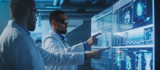 Medical professionals are examining data on an advanced digital screen in a research lab, showcasing teamwork, innovation, and cuttingedge technology in healthcare and scientific research
