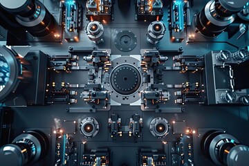 Illustrate a manufacturing process involving advanced materials, industrial theme, top view, representing innovative production methods, cybernetic tone, Complementary Color Scheme