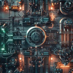 Showcase engineers optimizing material use for energy savings, engineering theme, top view, emphasizing efficiency, cybernetic tone, Complementary Color Scheme