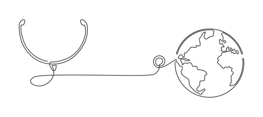 Line art illustration of continue stethoscope and earth globe vector. Earth day line art illustration. Environment day. World map in simple linear style. Doodle vector illustration. eps 10