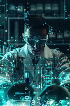 Show a chemist analyzing chromatograms from organic compounds, analysis theme, front view, highlighting separation techniques, robotic tone, vivid